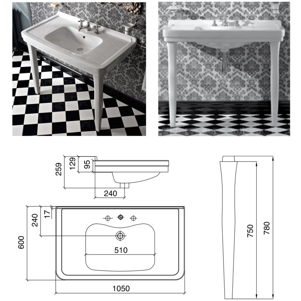 Viadurini Bathroom Vintage Waschbecken|Keramikwaschbecken-105 cm Vintage weiße Keramik-Badezimmerkonsole mit Füßen, Made in Italy - Marwa