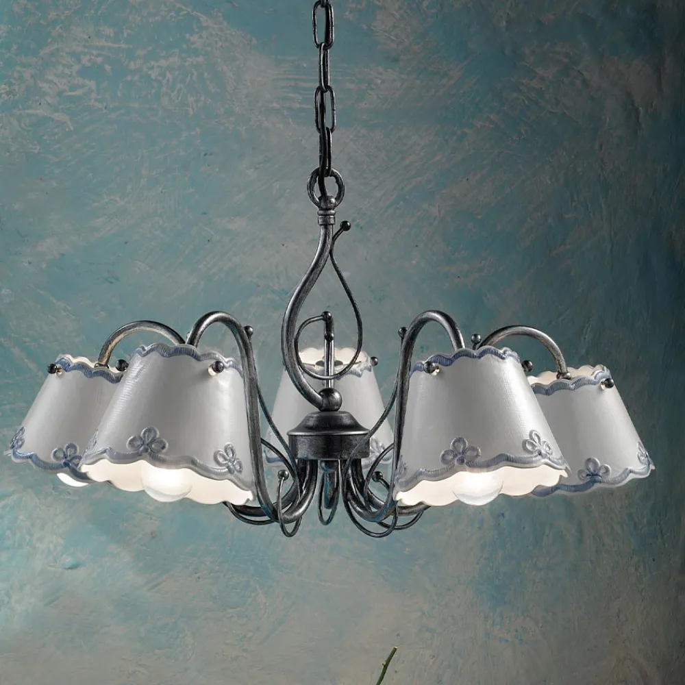 Ferroluce Vintage Kronleuchter-3- oder 5-flammiger Keramik-Kronleuchter mit handbemaltem Stickeffekt – Ravenna