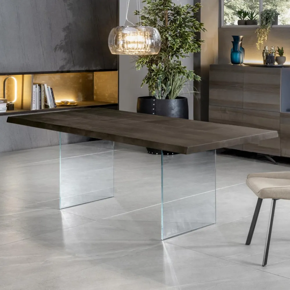 Viadurini Living Ausziehbare Esstische-Ausziehbarer Tisch auf 300 cm aus Eiche und Sockel aus gehärtetem Glas – Nicoall