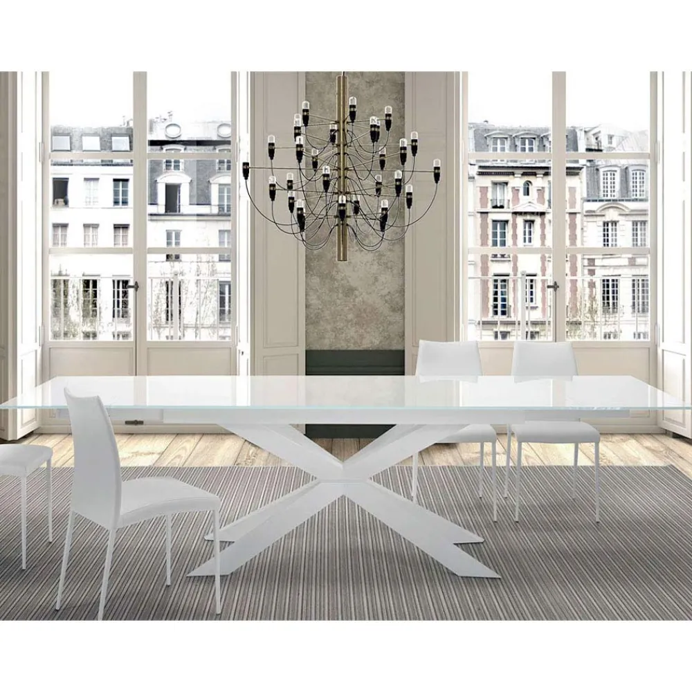 Viadurini Living Ausziehbare Esstische-Ausziehbarer Tisch bis 278 cm aus Glas und weißem Stahl, hergestellt in Italien – Grotta