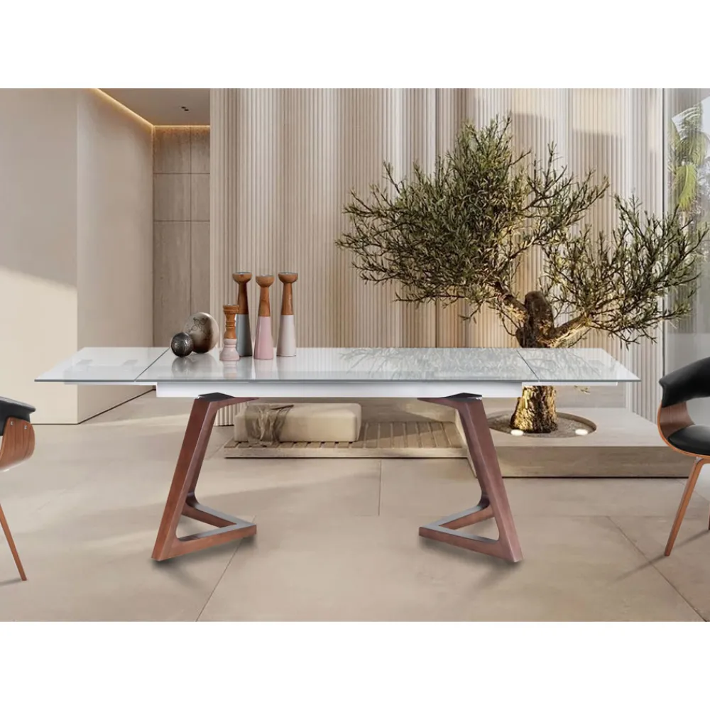 Viadurini Living Ausziehbare Esstische-Ausziehbarer Tisch bis 260 cm aus Massivholz und gehärtetem Glas - Sizilien
