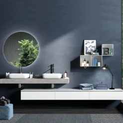 Viadurini Bathroom Badmöbel Hängend-Badezimmerkomposition in Betonfarbe und Mattweiß mit Waschbecken, Spiegel und Sockel – Palom