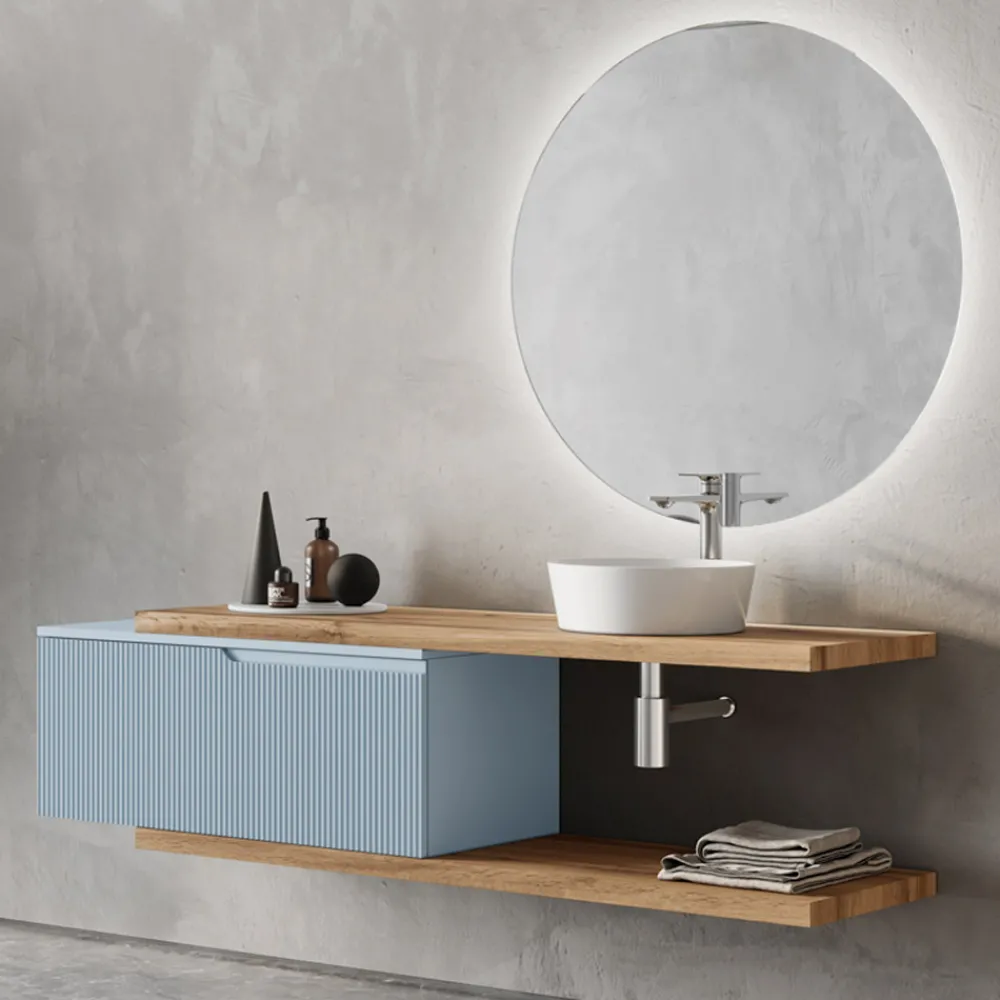 Viadurini Bathroom Badmöbel Hängend-Badezimmerkomposition in Tiffany-Blau und Eiche mit Spiegel, hergestellt in Italien – Ermes