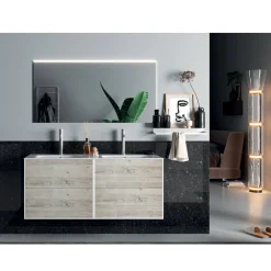 Viadurini Bathroom Badmöbel Hängend-Badezimmerkomposition mit Spiegel, Doppelwaschbecken und Sockel, hergestellt in Italien – Kilos