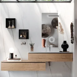 Viadurini Bathroom Badmöbel Hängend-Badezimmerkomposition mit Spiegel, Harzwaschbecken und Sockel, hergestellt in Italien – Palom