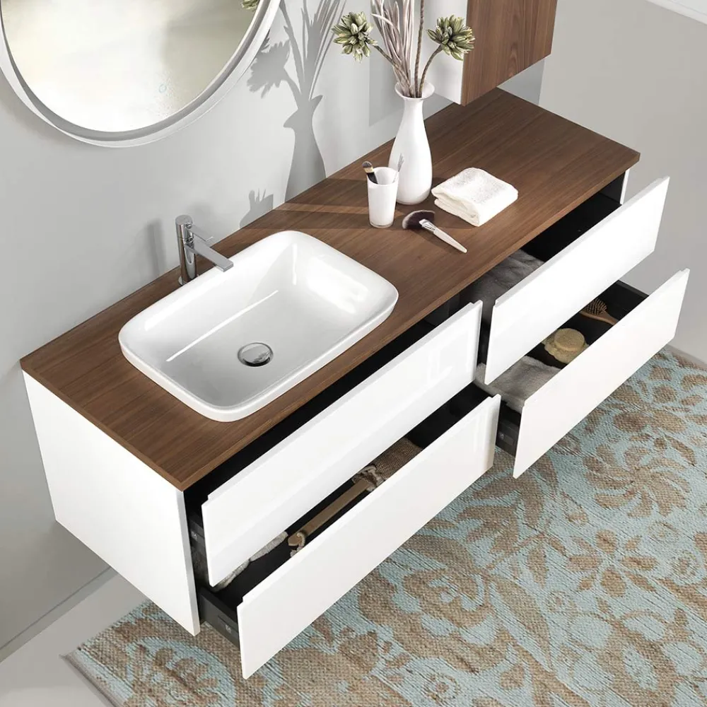 Viadurini Bathroom Badmöbel Hängend-Badezimmermöbel aus weißem Holz und Nussbaum und Keramik 156 cm Made in Italy - Renga