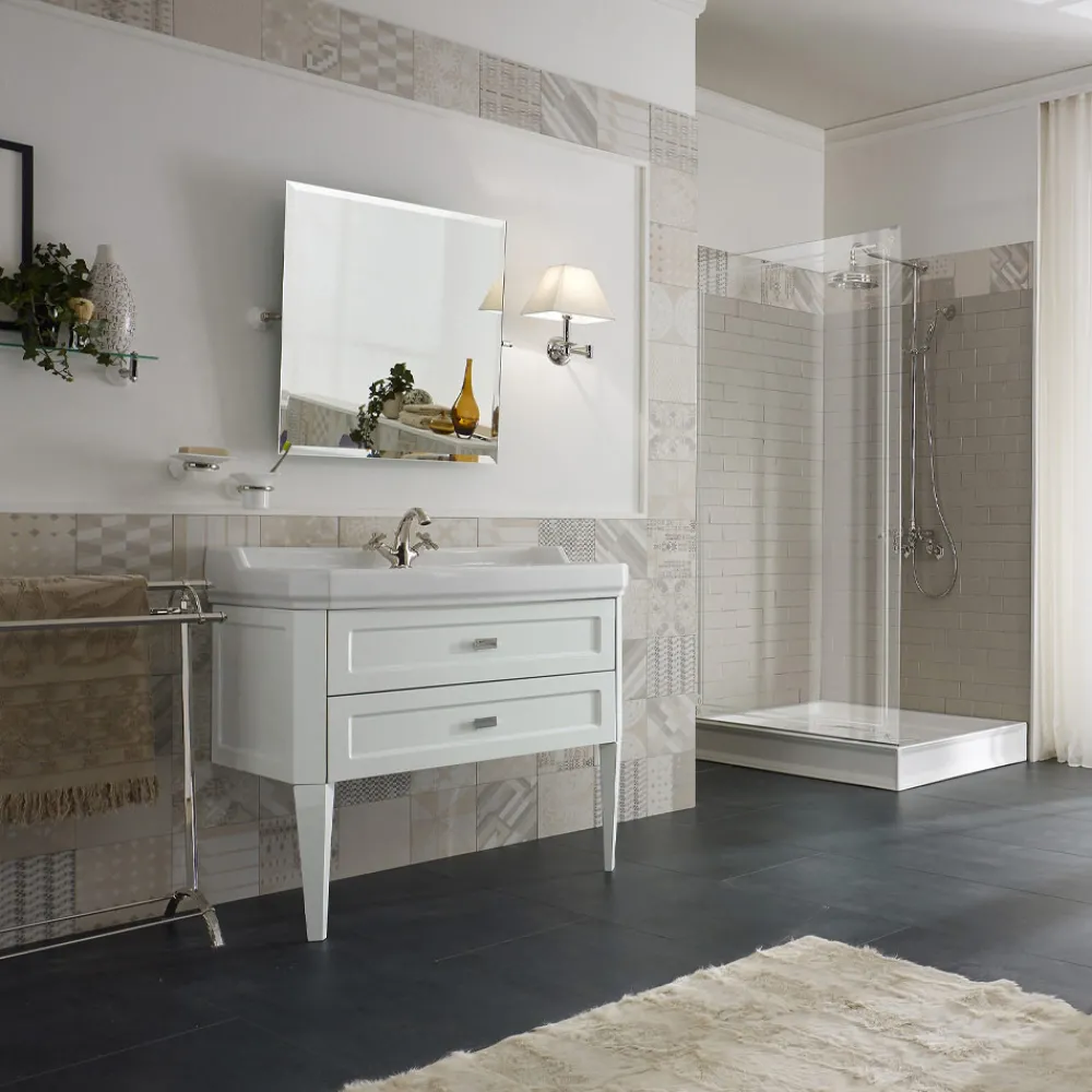 Viadurini Bathroom Badmöbel Stehend-Badezimmerschrank mit zwei Schubladen und Keramikwaschbecken, hergestellt in Italien – Rom