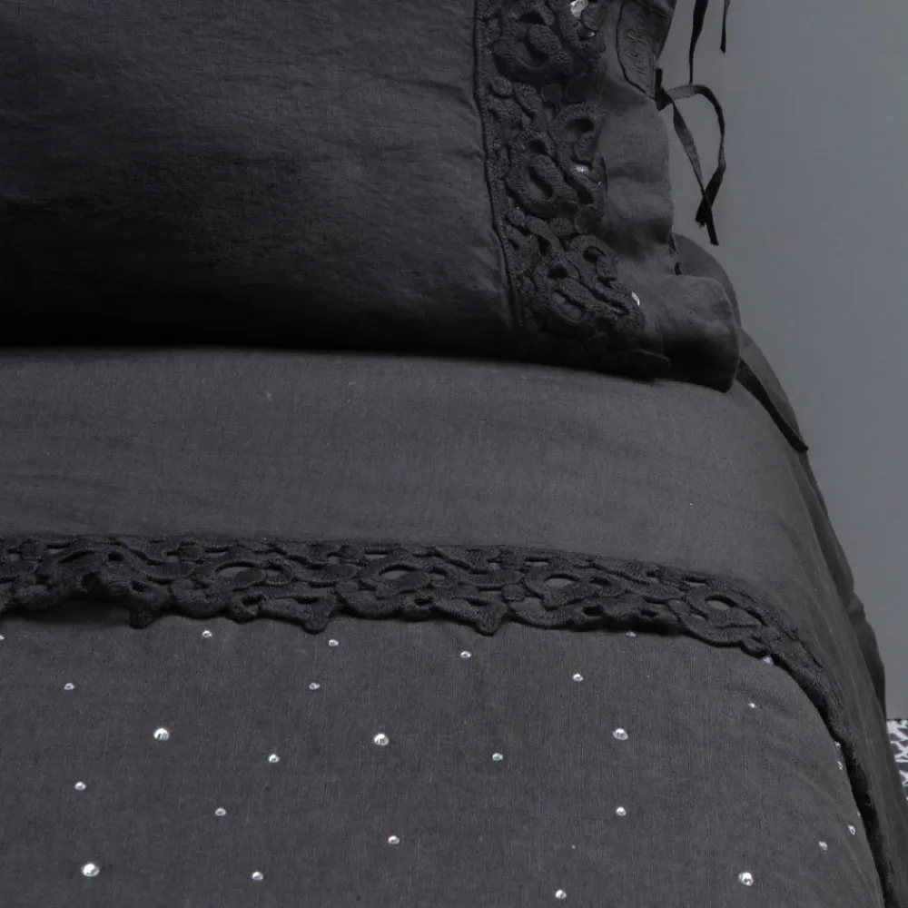 Viadurini Textile Bettbezüge-Bettbezug aus schwarzem Leinen mit Kristallen Luxus Doppelbett - Damante