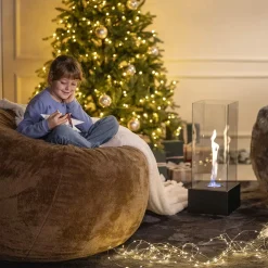 Viadurini Fire Design Bodenkamine Bioethanol-Bioethanol-Bodenkamin aus gehärtetem Glas und schwarzem Metallsockel – Spike