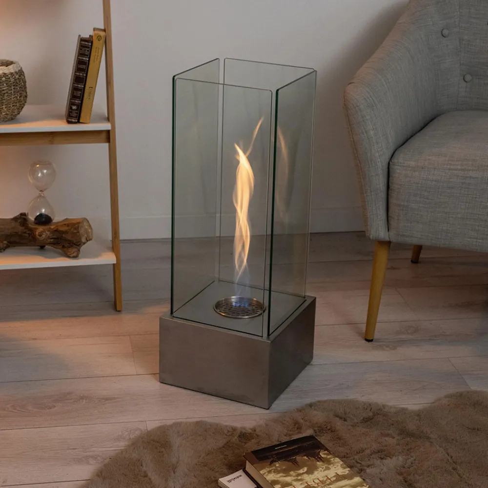 Viadurini Fire Design Bodenkamine Bioethanol-Bioethanol-Bodenkamin aus gehärtetem Glas mit Metallsockel - Ziggy