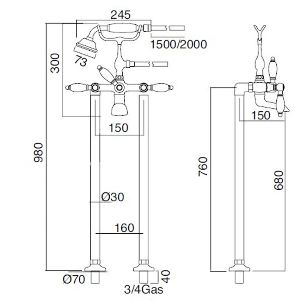 Viadurini Taps Badewannearmaturen-Bodenstehende Wannenbatterie mit Handbrause aus Messing Made in Italy - Noriana