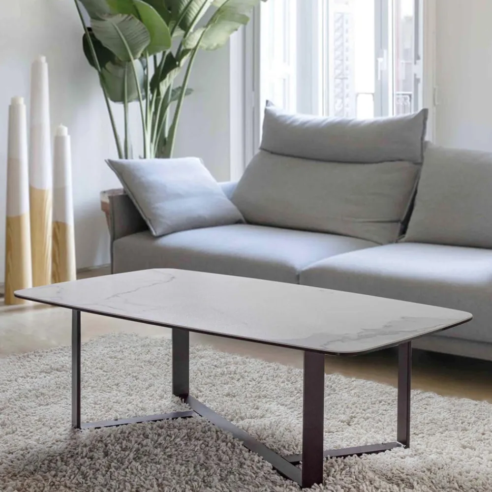 Viadurini Living Moderne Couchtische-Couchtisch aus Keramikglas mit Sockel aus lackiertem Metall - Camilo
