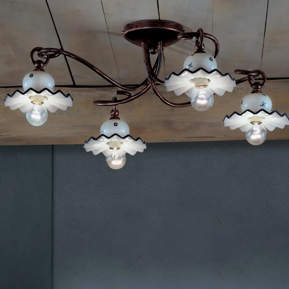 Ferroluce Vintage Deckenleuchten-Deckenlampe mit 3 oder 4 Lichtern aus handverzierter handwerklicher Keramik - Rom