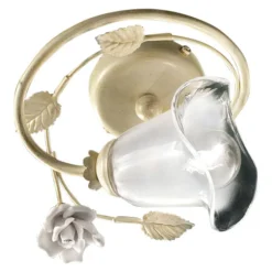 Ferroluce Vintage Deckenleuchten-Deckenleuchte aus Eisen, sandgestrahltem Glas und Keramikrosen - Siena