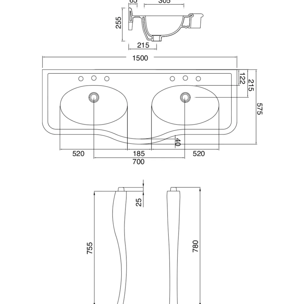 Viadurini Bathroom Vintage Waschbecken|Keramikwaschbecken-Doppelschüssel Consolle Waschbecken mit Keramikfüßen, Made in Italy - Paulina