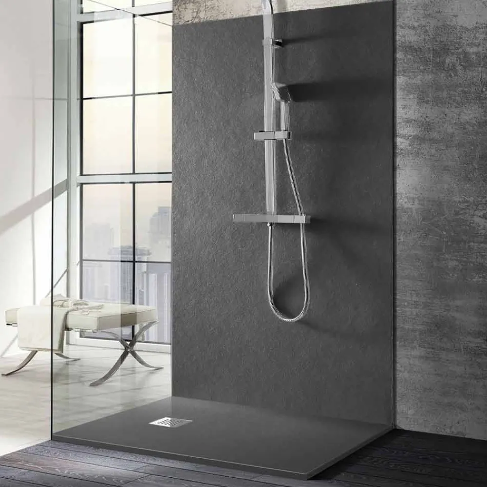 Viadurini Bathroom Rechteckige Duschwannen-Duschwanne 140x70 aus Stein-Effekt-Harz mit Stahlgitter - Domio