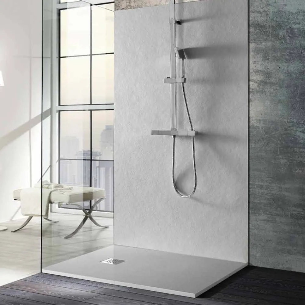 Viadurini Bathroom Rechteckige Duschwannen-Duschwanne 140x70 aus Stein-Effekt-Harz mit Stahlgitter - Domio