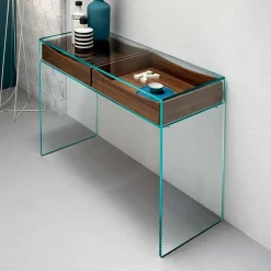 Viadurini Living Konsolentisch Flur-Eingangskonsole aus extra klarem Glas mit 2 Schubladen aus Nussbaum Canaletto - Selex