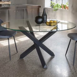 Viadurini Living Runde Tische-Esstisch aus massiver Buche und Platte aus gehärtetem Glas - Evergreen