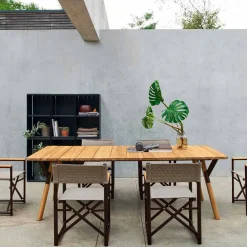 Varaschin Gartentische Fest-Esstisch HPL Tischplatte und Tischbeine aus Teakholz H75 cm Link