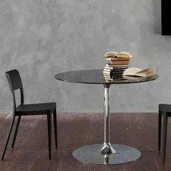 Viadurini Living Runde Tische-Esstisch mit Kristallplatte und verchromter Basis Hergestellt in Italien - Tallio