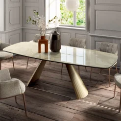 Viadurini Living Esstische-Fester Wohnzimmertisch mit tonnenförmiger Platte aus Keramik, hergestellt in Italien – Gläser