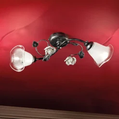 Ferroluce Vintage Deckenleuchten-2-flammige Deckenleuchte aus Eisen, Glas und Rosen mit Keramikdekor - Siena