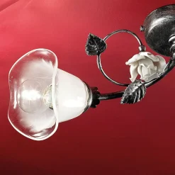Ferroluce Vintage Deckenleuchten-2-flammige Deckenleuchte aus Eisen, Glas und Rosen mit Keramikdekor - Siena