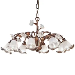 Ferroluce Vintage Kronleuchter-8-flammiger Kronleuchter aus Eisen und sandgestrahltem Glas mit Keramikrosen - Siena