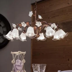 Ferroluce Vintage Kronleuchter-8-flammiger Kronleuchter aus Eisen und sandgestrahltem Glas mit Keramikrosen - Siena