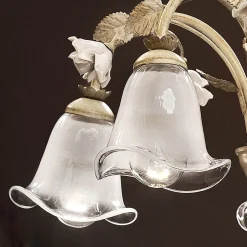 Ferroluce Vintage Kronleuchter-5-flammiger Kronleuchter aus Eisen und sandgestrahltem Glas mit Keramikrosen - Siena