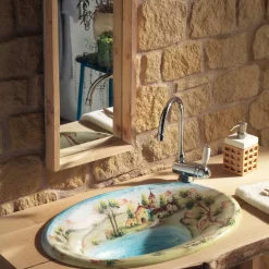 Viadurini Bathroom Waschbecken Aus Fire Clay-Halbeinbauwaschbecken aus Schamott mit Landschaft von Deruta, hergestellt in Italien – Principe