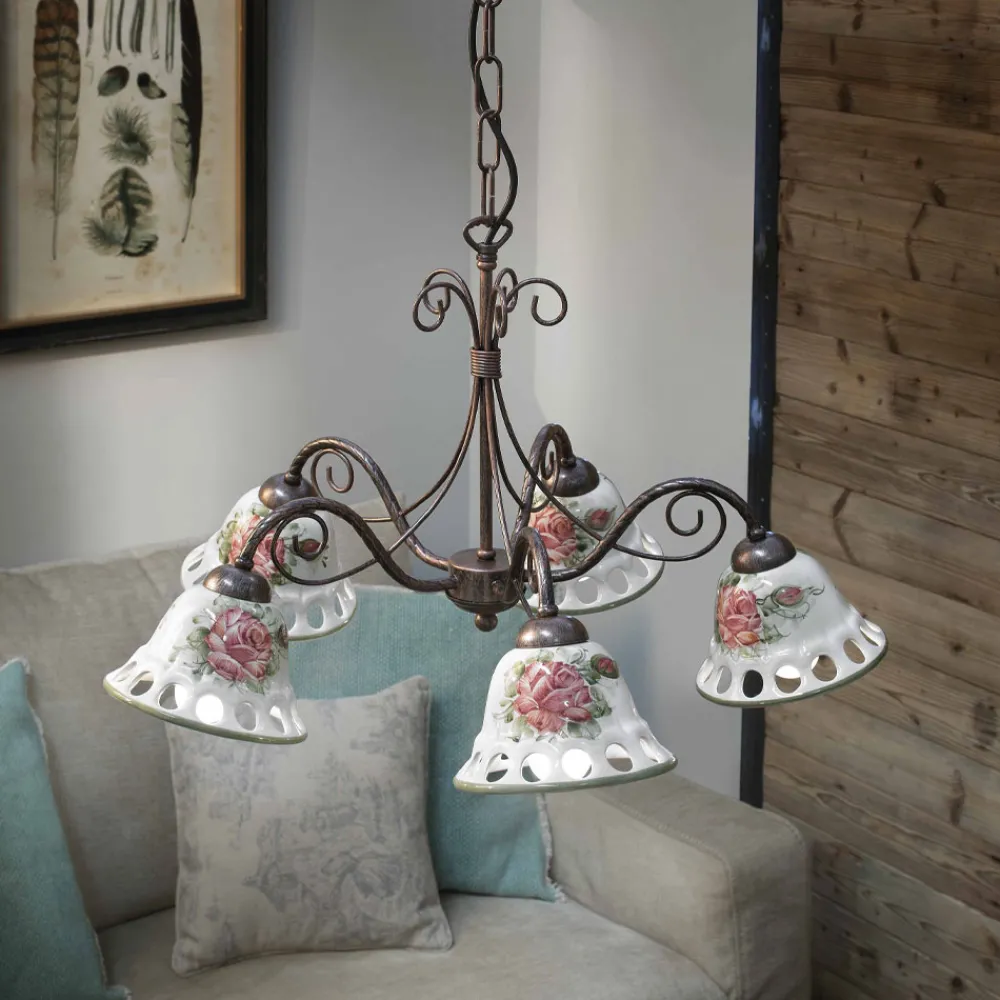 Ferroluce Vintage Kronleuchter-Handgefertigter 3- oder 5-flammiger Keramik-Kronleuchter mit Passanastri - Neapel