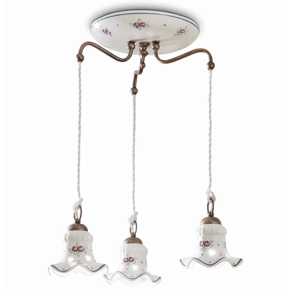 Ferroluce Pendelleuchten Vintage-Hängelampe 3 Lichter aus Eisen und handbemalter Vintage-Keramik - Chieti