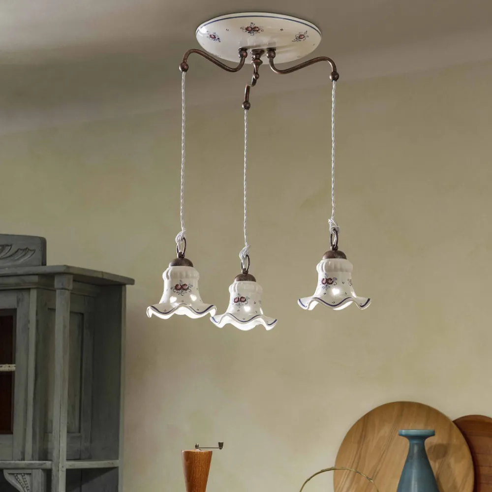 Ferroluce Pendelleuchten Vintage-Hängelampe 3 Lichter aus Eisen und handbemalter Vintage-Keramik - Chieti