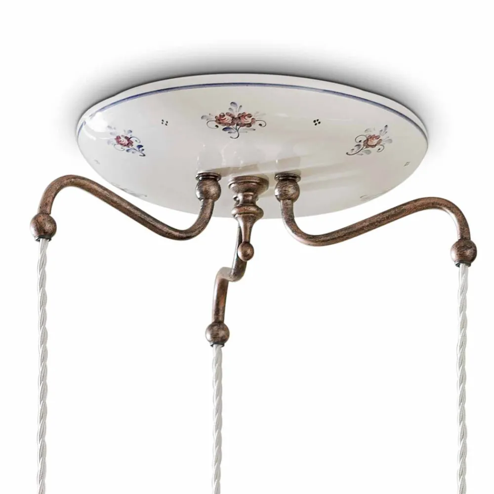 Ferroluce Pendelleuchten Vintage-Hängelampe 3 Lichter aus Eisen und handbemalter Vintage-Keramik - Chieti