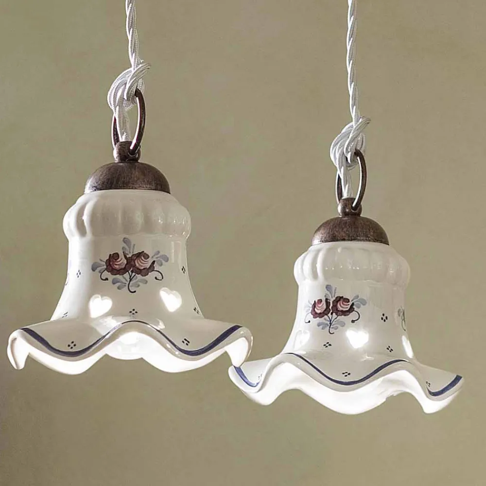 Ferroluce Pendelleuchten Vintage-Hängelampe 3 Lichter aus Eisen und handbemalter Vintage-Keramik - Chieti