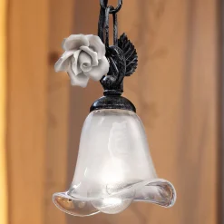 Ferroluce Pendelleuchten Vintage-Hängelampe aus Eisen und Glas mit Rose aus Keramik - Siena