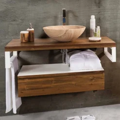 Viadurini Bathroom Badmöbel Hängend-Hängender Badezimmerschrank aus Teakholz mit Handtuchhalter in Hi Macs® Weiß - Saverno