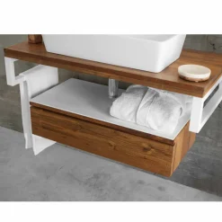 Viadurini Bathroom Badmöbel Hängend-Hängender Badezimmerschrank aus Teakholz mit Handtuchhalter in Hi Macs® Weiß - Saverno