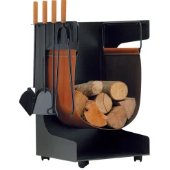 Viadurini Fire Design Kaminholzständer Aus Leder Und Kunstleder-Holzhalter aus Kunstleder und Metall mit 4 Accessoires, hergestellt in Italien – Kamel