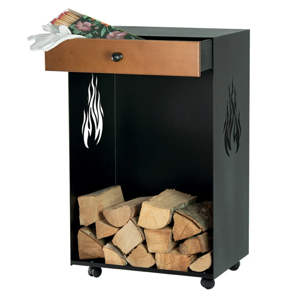 Viadurini Fire Design Kaminholzständer Aus Eisen Und Stahl-Holzhalter mit Rollen und oberer Schublade Made in Italy – Polare