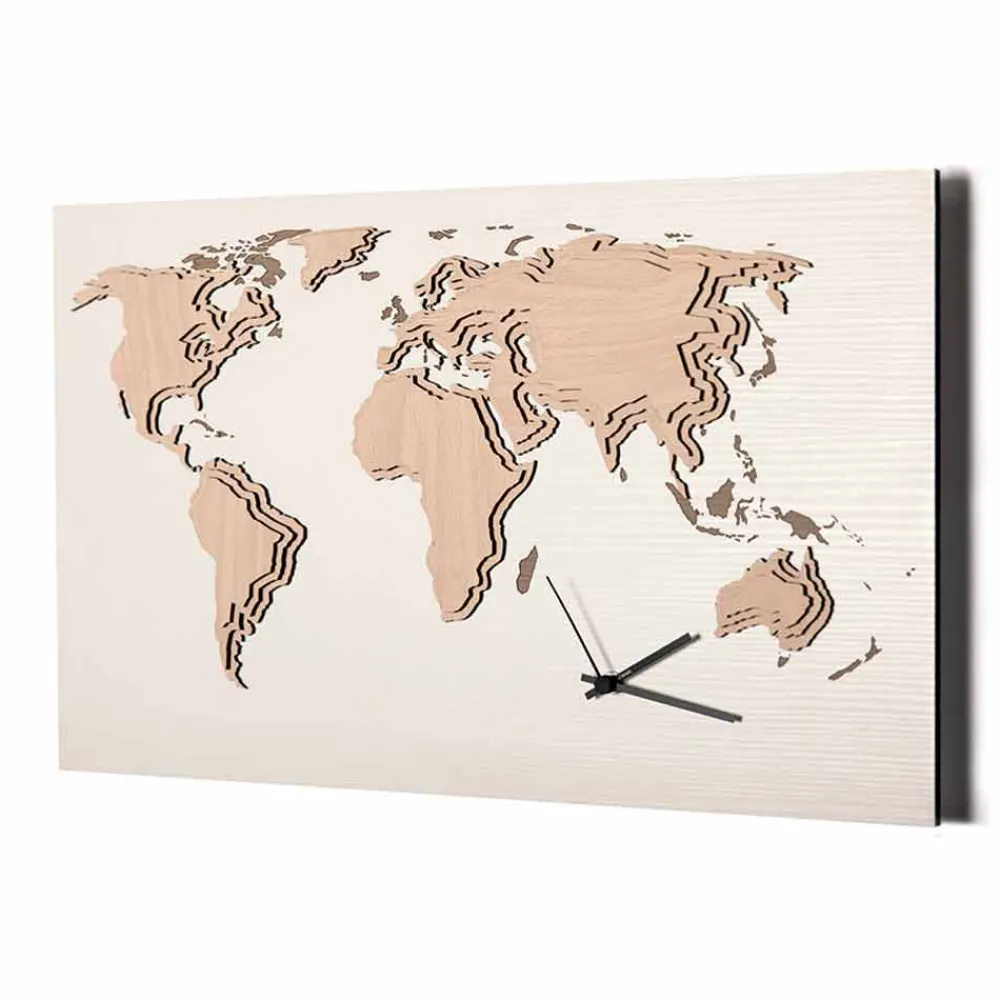 Viadurini Time Design Wanduhren-Holzwanduhr mit Weltkartendekoration Made in Italy - Mappo