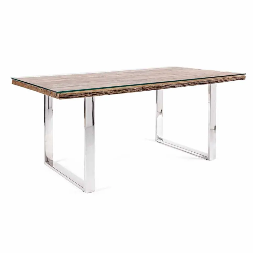 Viadurini Living Esstische-Homemotion Esstisch mit Holz und gehärtetem Glas - Blanco