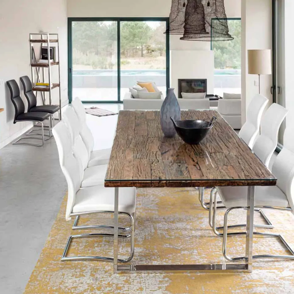 Viadurini Living Esstische-Homemotion Esstisch mit Holz und gehärtetem Glas - Blanco