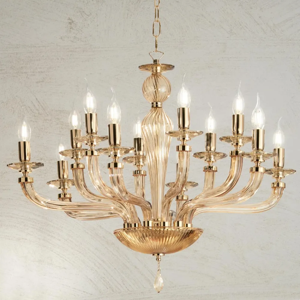 Viadurini Lighting Klassische Kronleuchter-Klassischer Kronleuchter mit 12 Lichtern aus handgefertigtem Rigaton-Glas - Fievole