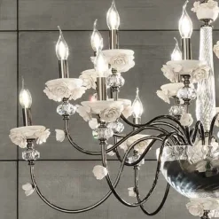 Viadurini Lighting Klassische Kronleuchter-Klassischer Kronleuchter mit 30 Lichtern aus Porzellan und luxuriösem mundgeblasenem Glas - Eteria