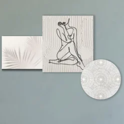 Viadurini Decor Abstrakte Bilder-Komposition aus 3 Tafeln mit der Stilisierung einer Frau, hergestellt in Italien – Kaori