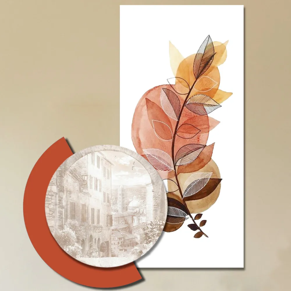 Viadurini Decor Blumen Bilder-Komposition aus Holzgemälden mit Stadt- und Zweigdrucken, hergestellt in Italien – Chile