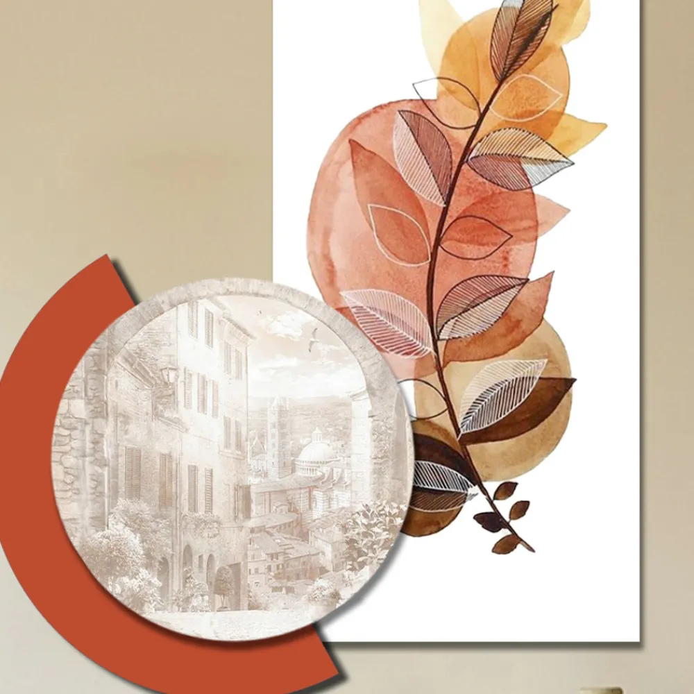 Viadurini Decor Blumen Bilder-Komposition aus Holzgemälden mit Stadt- und Zweigdrucken, hergestellt in Italien – Chile